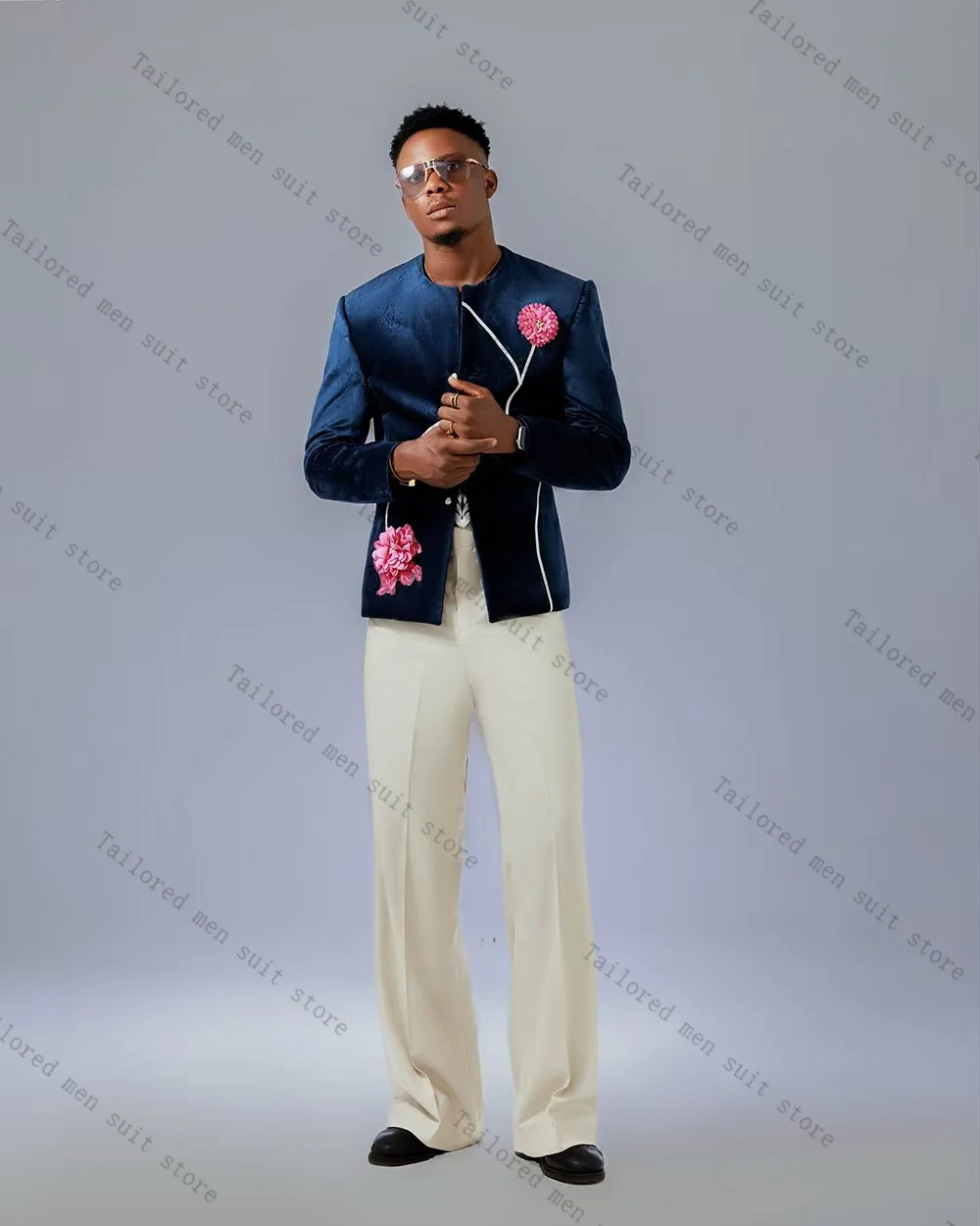 

Blue Men Suits Set 2 Pieces Blazer+White Pants Trousers 3D Flower Groom Wedding Tuxedos Jacket Formal Office Customized Coat