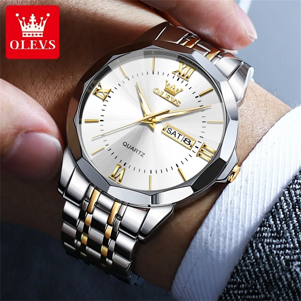 OLEVS 9989 Men\'s Watch Classic Prism Mirror Mirror Waterproof Dual Calendar Fashion Business Watch Luxury Brand Quartz Men Watch