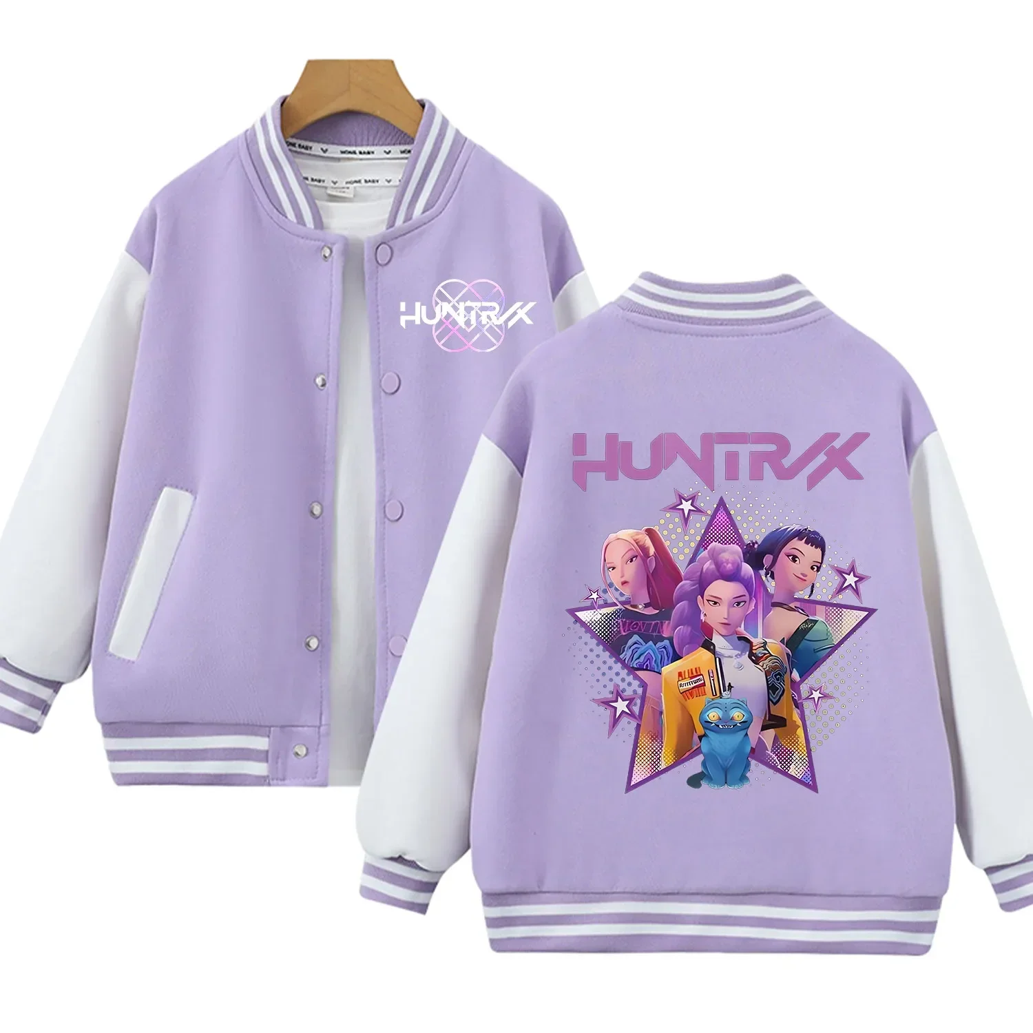 

Бейсбольная форма KPop «Охотники на демонов» для детей, кавайное пальто с героями мультфильмов, фиолетовая куртка, модная одежда в стиле аниме, детский подарок с длинными рукавами