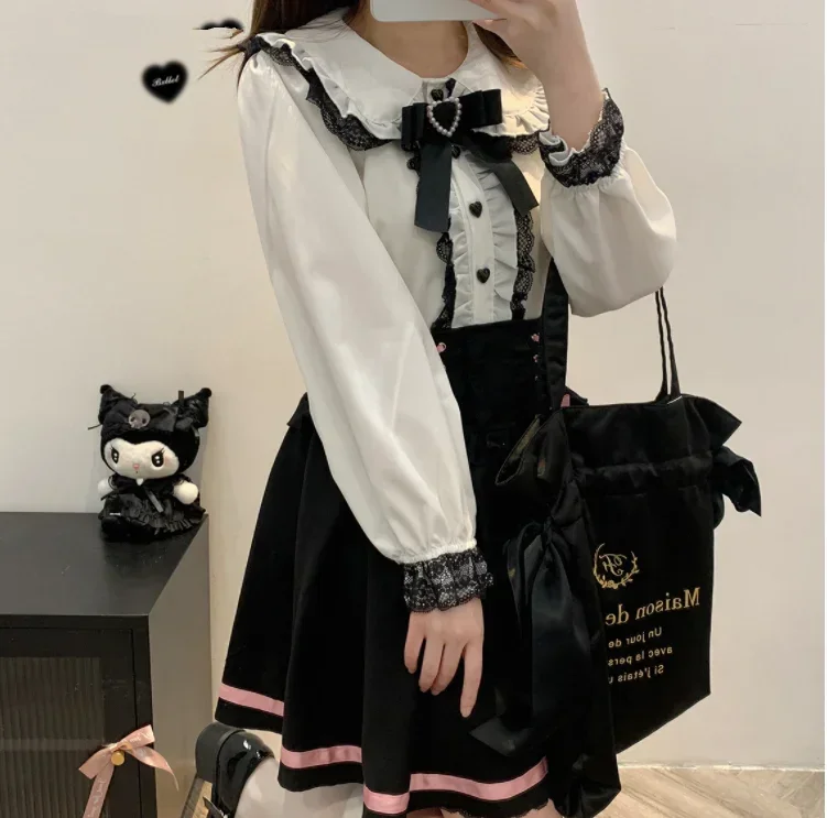 Zoete Kanten Patchwork Lange Mouw Crop Top Blouse Vrouwen Japanse Y 2K Harajuku Camisas Jk Strik Shirt 2024 Kawaii Blusa Femme