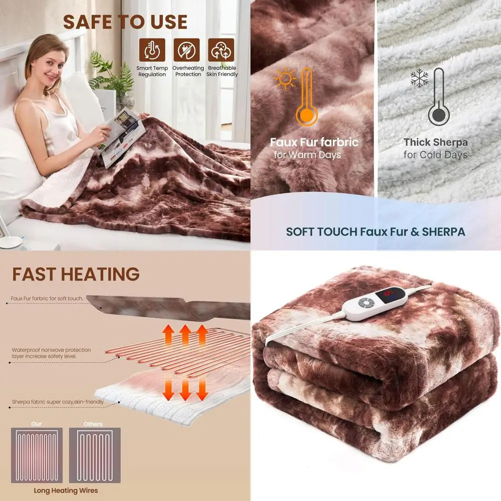 

62x84 Premium White Faux Fur Electric Blanket with 6 Heat Settings & 12H Timer