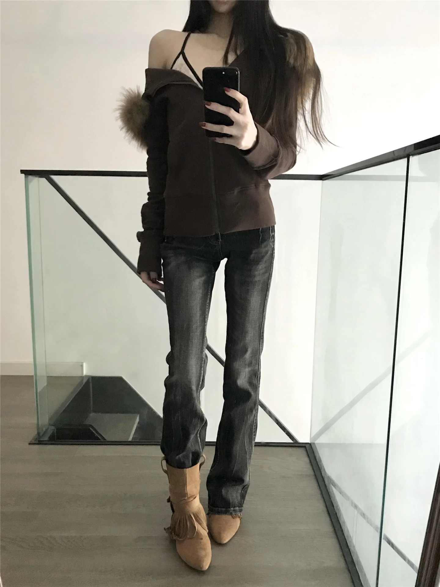 

Retro American Low Waist Black Jeans Women's Slimming Straight Leg Capri Jeans Spring Fashionable Distressed Washed out Fit