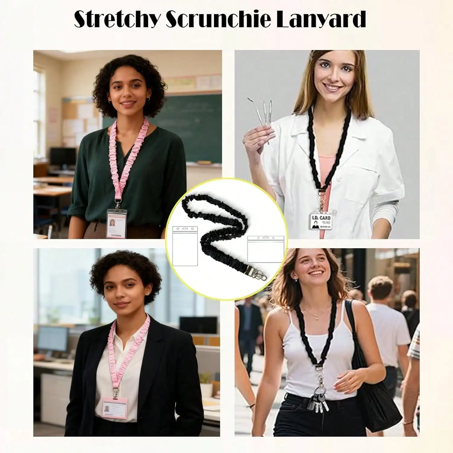 Stretchy Scrunchie Lanyard For ID Badges Keys, Teacher Lanyard With ID Holder Retractable Design For Women Ladies sw260522174310715683339