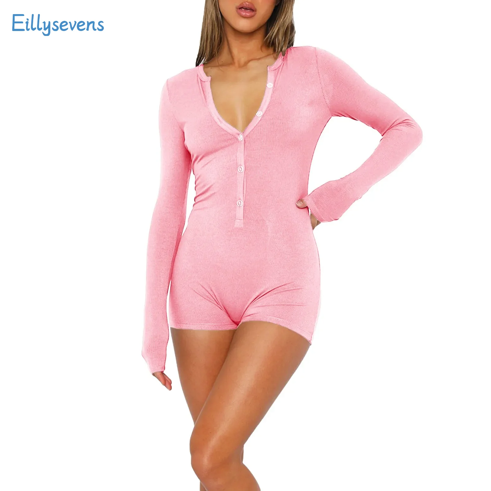 Women'S Slim Fit Shorts Jumpsuits Causal Sports Yoga Fitness Long Sleeve Solid Jumpsuits Sexy V-Neck Button Street Style Rompers