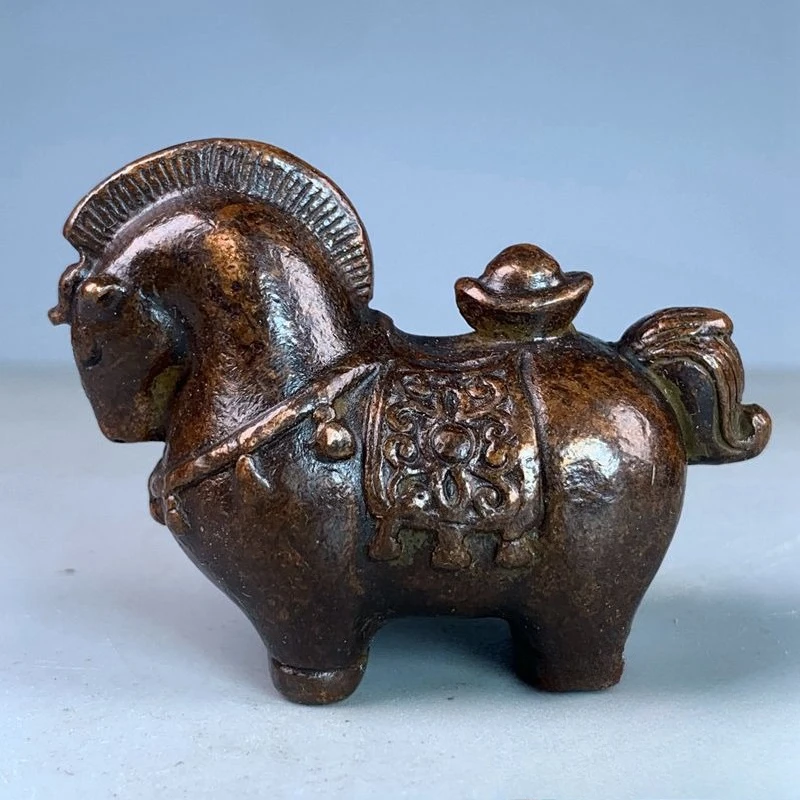 Vintage Tang Horse Statue with Ingot Chinese Lucky Wealth Copper  Alloy Horse Figurine Desktop Tea Pet Feng Shui Ornament