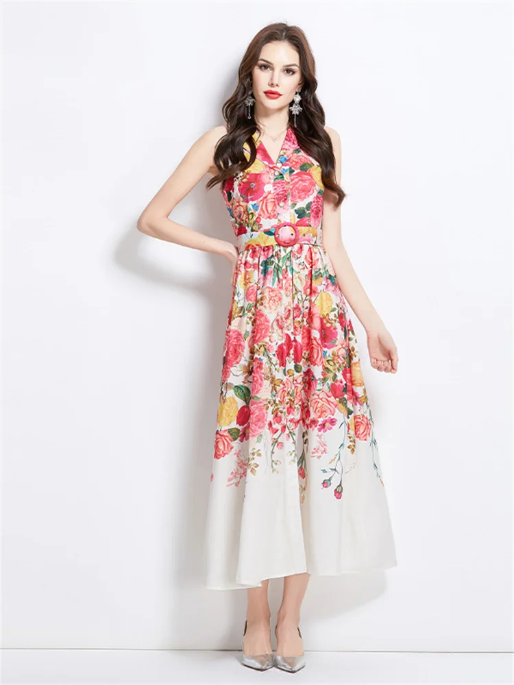 Moda Elegancka sukienka Maxi w kwiaty Letnie kobiety Wakacje Bez rękawów Czerwony kwiatowy nadruk Sukienki z paskiem Tank Sukienki Midi Długie Party Vestidos