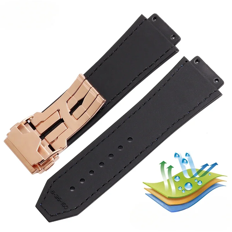 남성용 소가죽 시계 스트랩, Hublot Yubo 클래식 퓨전 빅뱅 시리즈, 소프트 실리콘 볼록 인터페이스 시계 밴드, 19x26mm