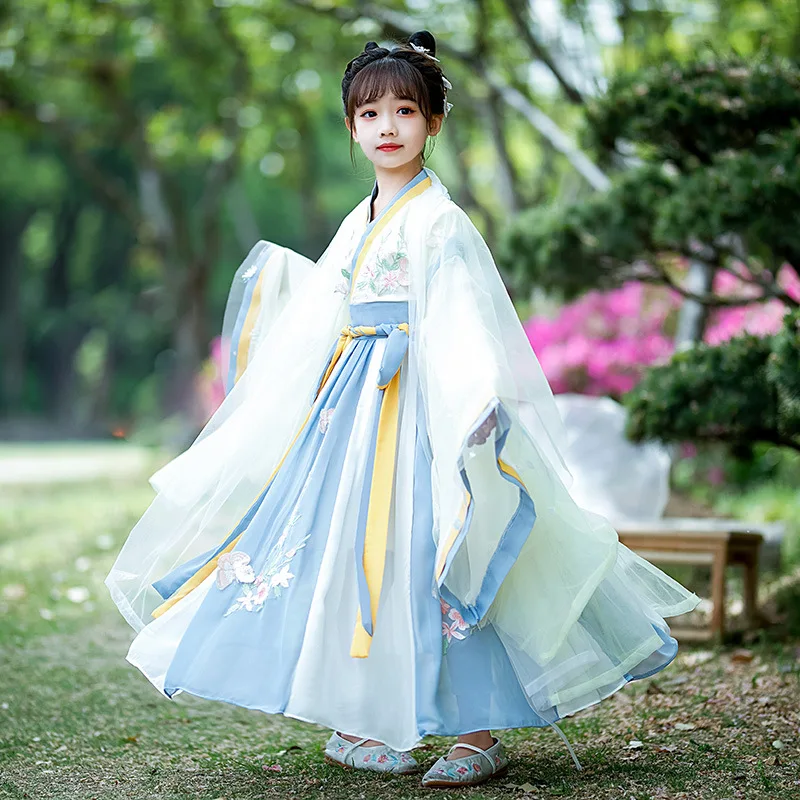 Children's Summer New Super Fairy Hanfu Chinese Style Kirt Long-sleeved Gauze Skirt Ancient Costume Little Flower Girl Dress