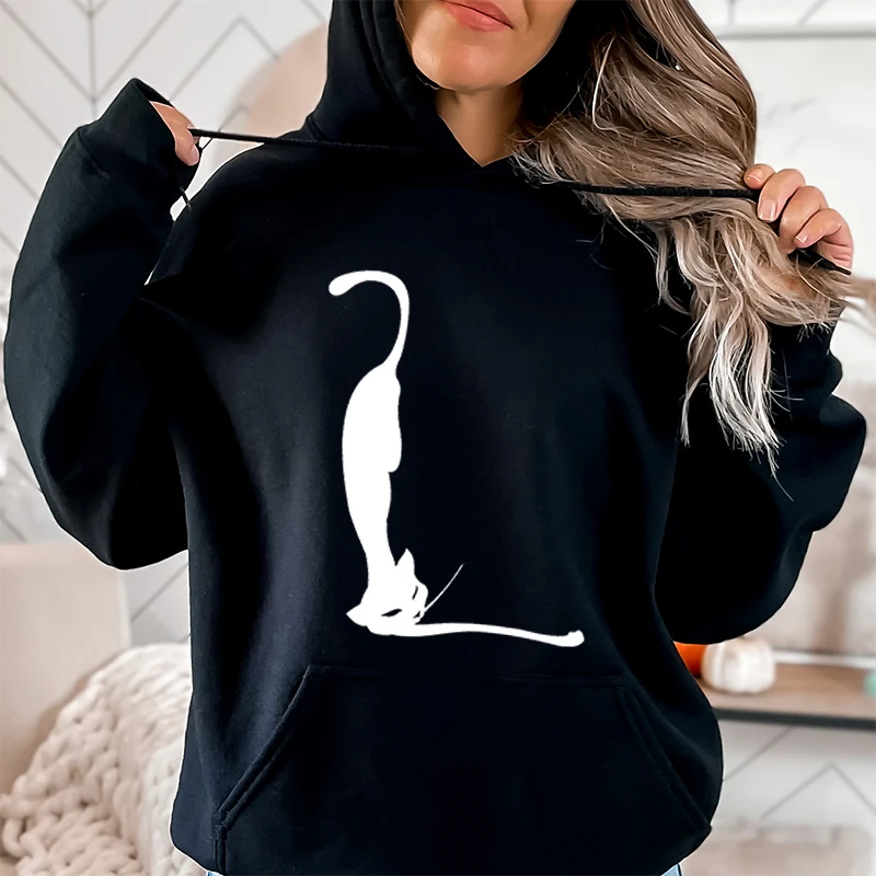 Autumn Women Hoodie Funny Creative Cat Print Pullover Pocket Long Sleeve Hoody Fashion Love Cat Ladies Sweatshirts Street Hooded