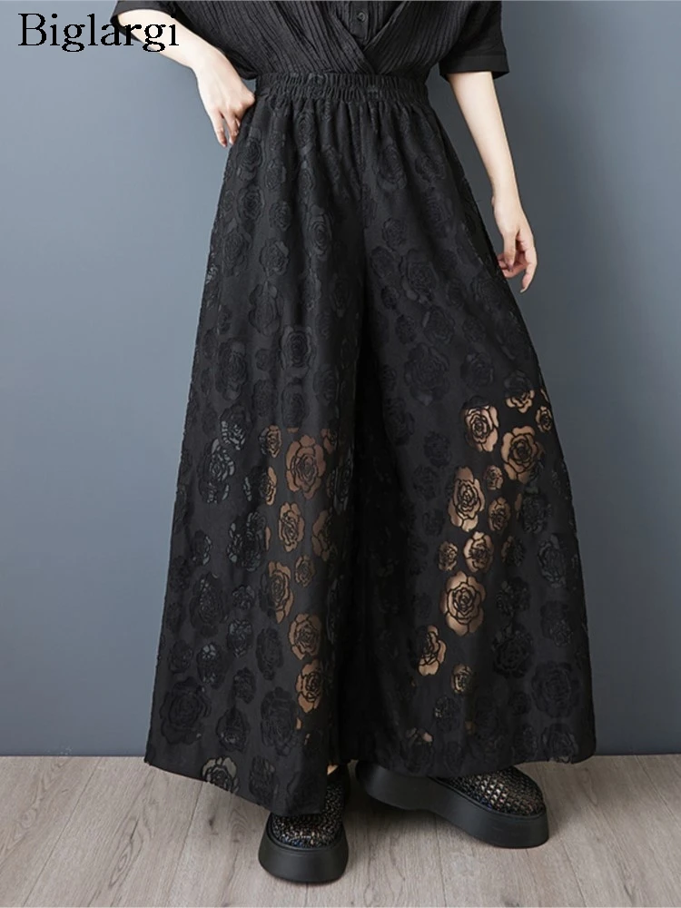 

Oversized Spring Summer Elastic High Waist Pant Women Mesh Flower Print See Through Fashion Ladies Trousers Wide Leg Woman Pants