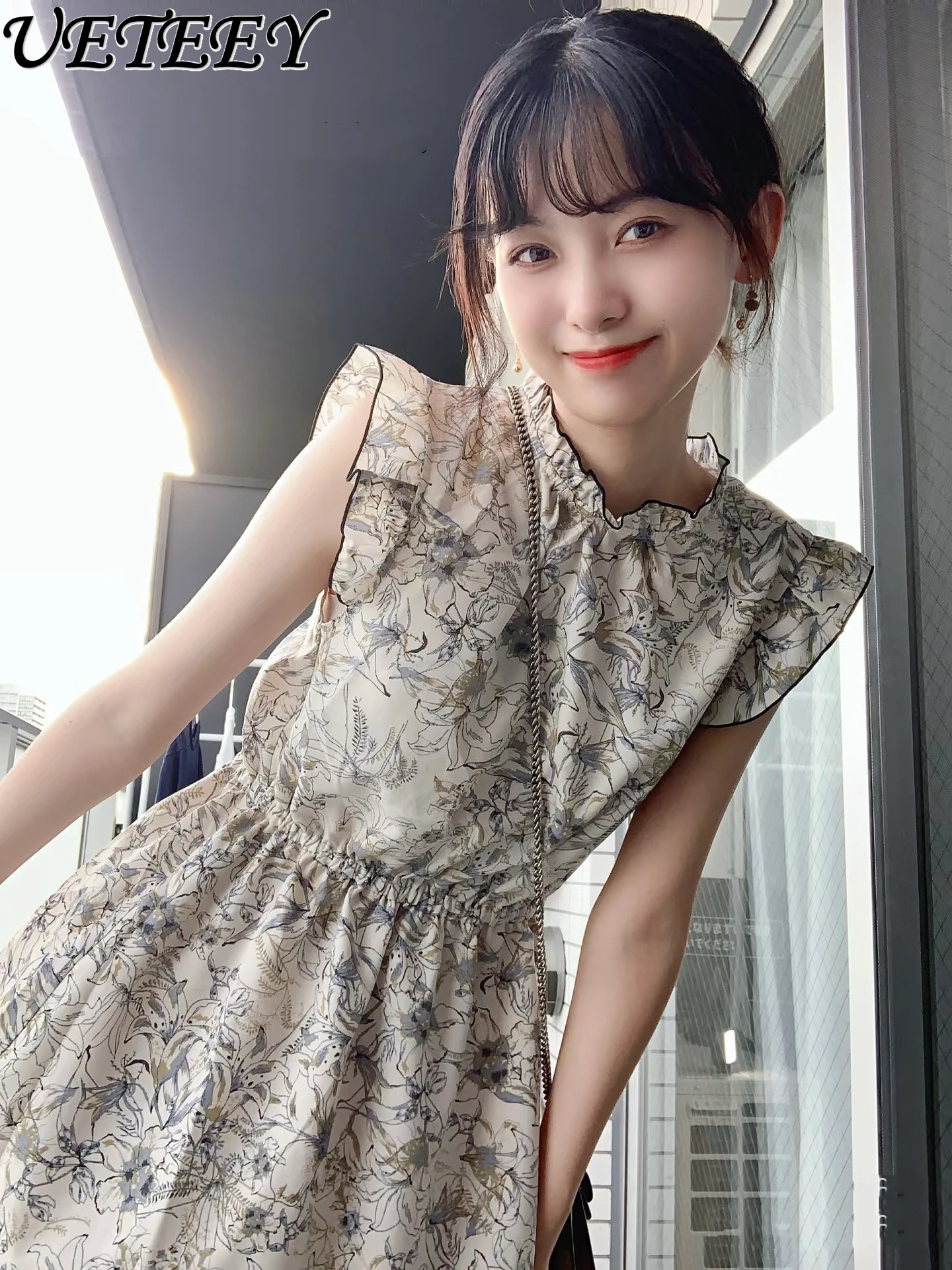 

Summer New Japanese High-end Sweet Ruffle Edge Sleeveless Dress Fashionable Thin Super Fairy Floral High-waisted Long Dresses