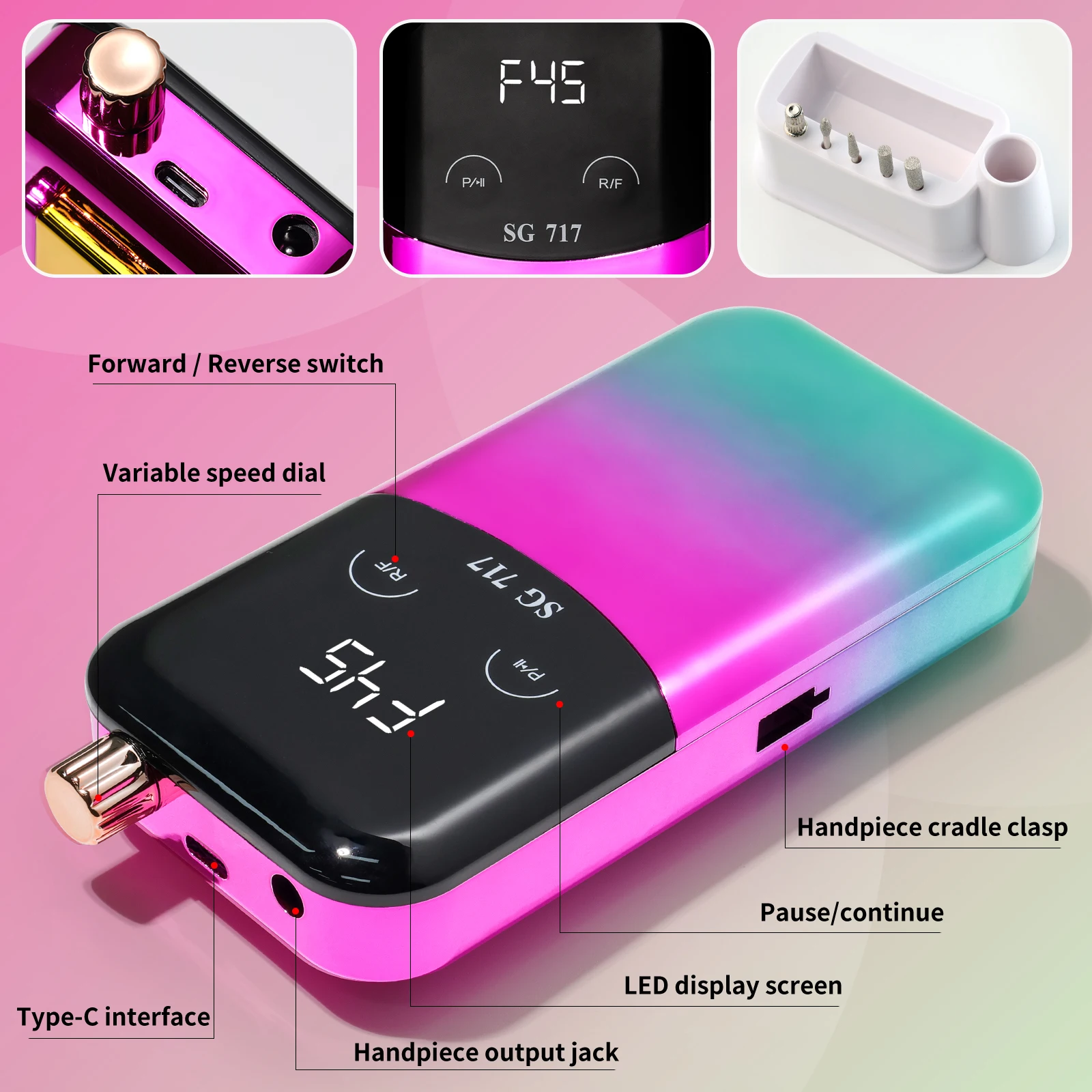 Oplaadbare nagelboormachine, 45000 RPM elektrische nagelvijl Draagbare Efile draadloze en professionele nagelslijperset voor vrouwen