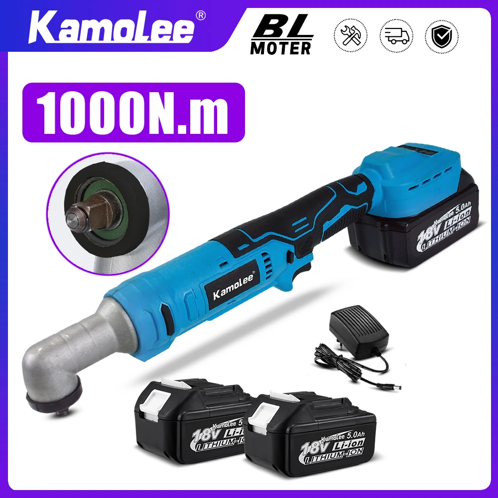 Kamolee 1000N.m 무선 충전 래스터 스패너 3/8인치 분해 너트 90도, 직각 전기 스패너, 수리 도구 호환 Makita 18V-21V 배터리