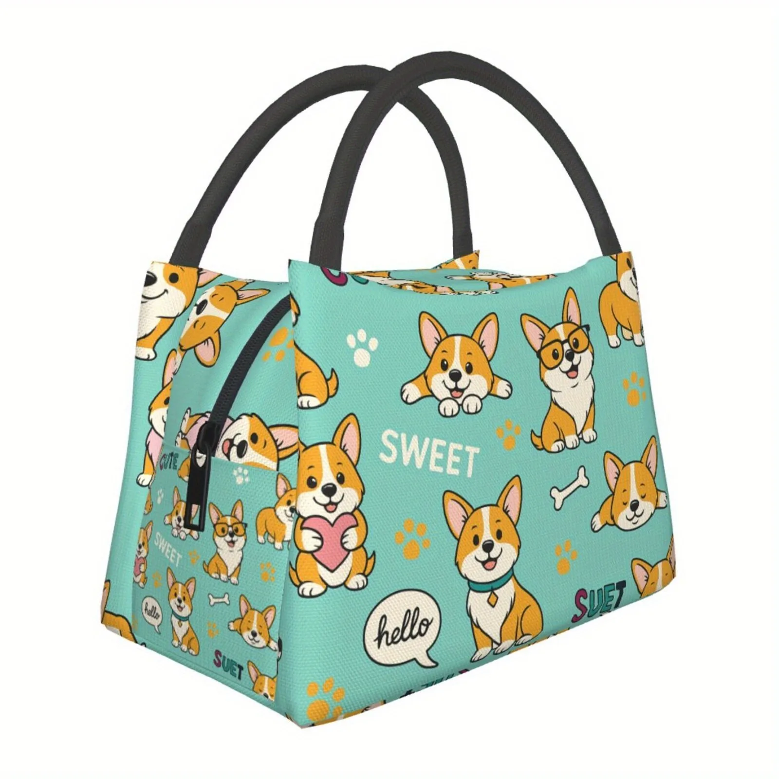 Cute Corgi Lunch Bag Insulated Cooler Tote Reusable Thermal Food Container for School Office Picnic Travel Handheld Bag