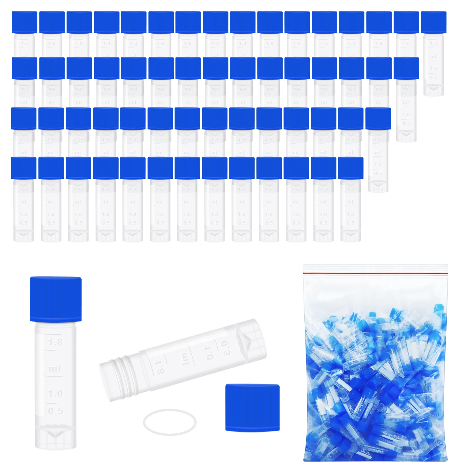 500PCS 1.8ML Cryotubes Sample Bottles With Screw Caps/Scale/Writing Area, For Low-Temperature Storage