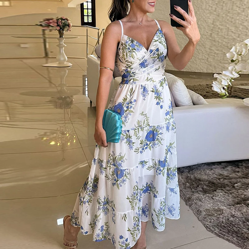 

Elegant V Neck Temperament Spaghetti Strap Party Dress Summer Floral Print High Waist Dress New Sleeveless Pleated A-line Dress