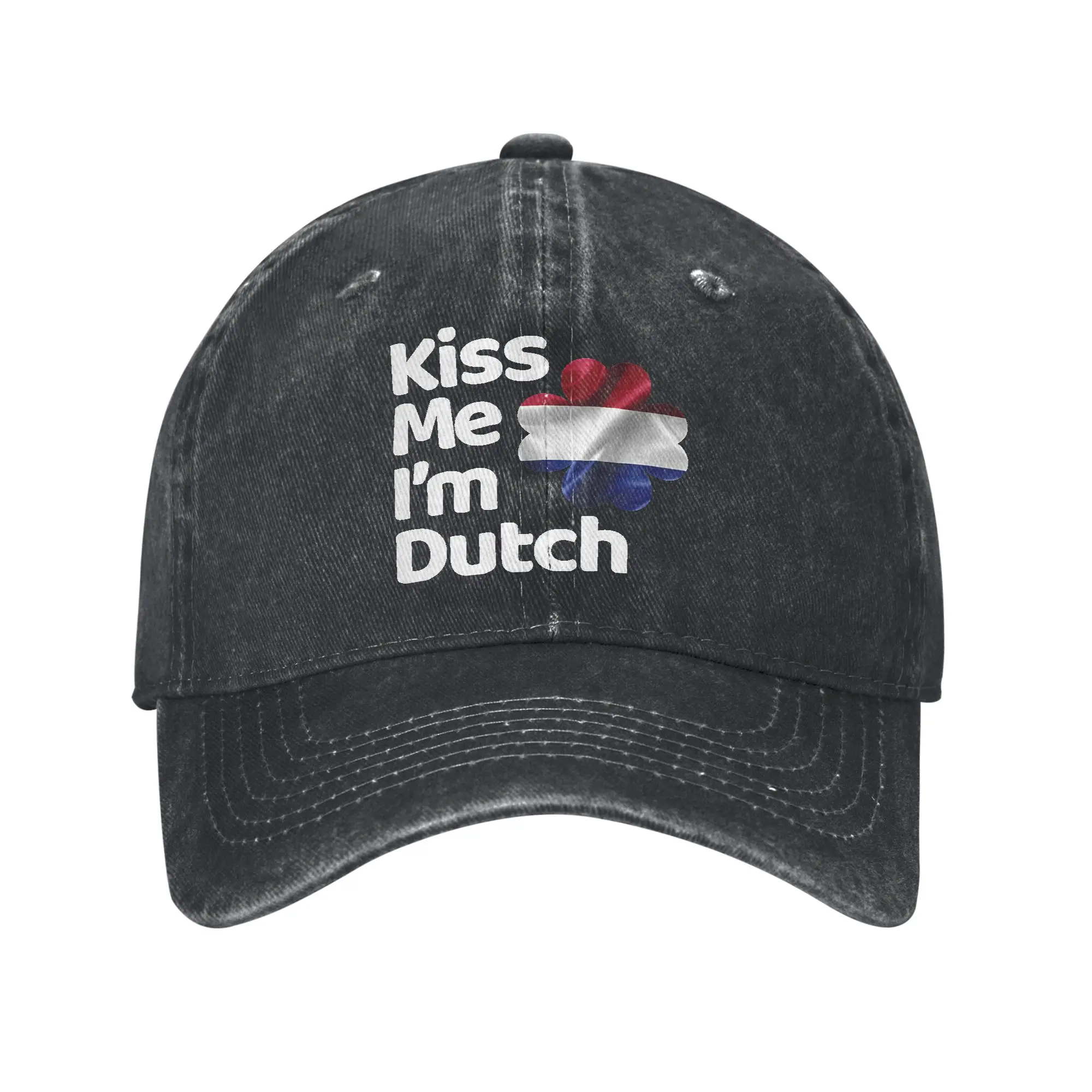 Men Women Kiss Me I am Dutch from Netherlands Print Hat Vintage Distressed Denim Washed  Baseball Cap Adjustable
