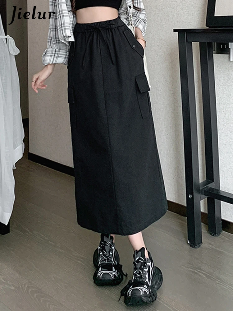 

Jielur Black Chic Lace-up Pocket Female Skirts Autumn Solid Color High Waist Slim Casual Simple Fashion A-line Women Midi Skirts