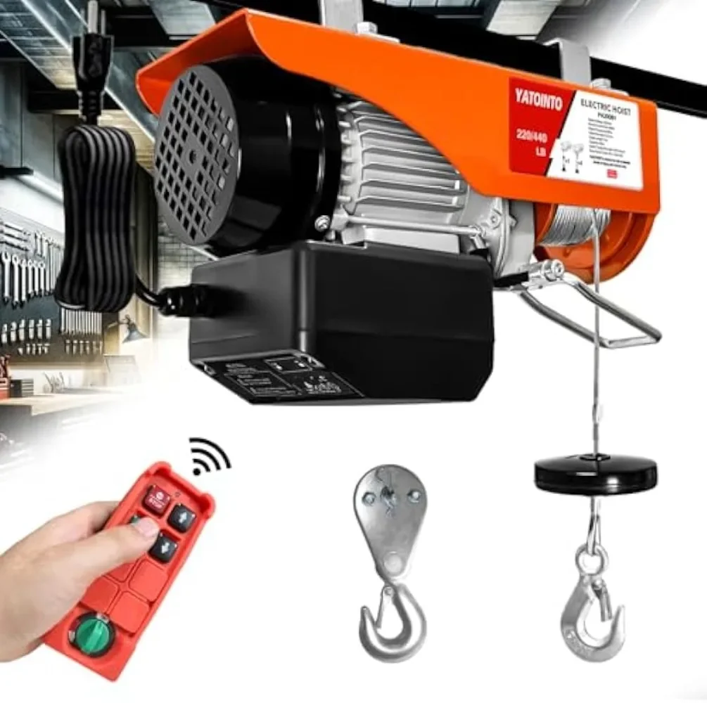 120V Heavy-Duty Electric Hoist - 440 LBS Capacity 39ft Lifting Height with Wireless Remote & Emergency Stop Durable