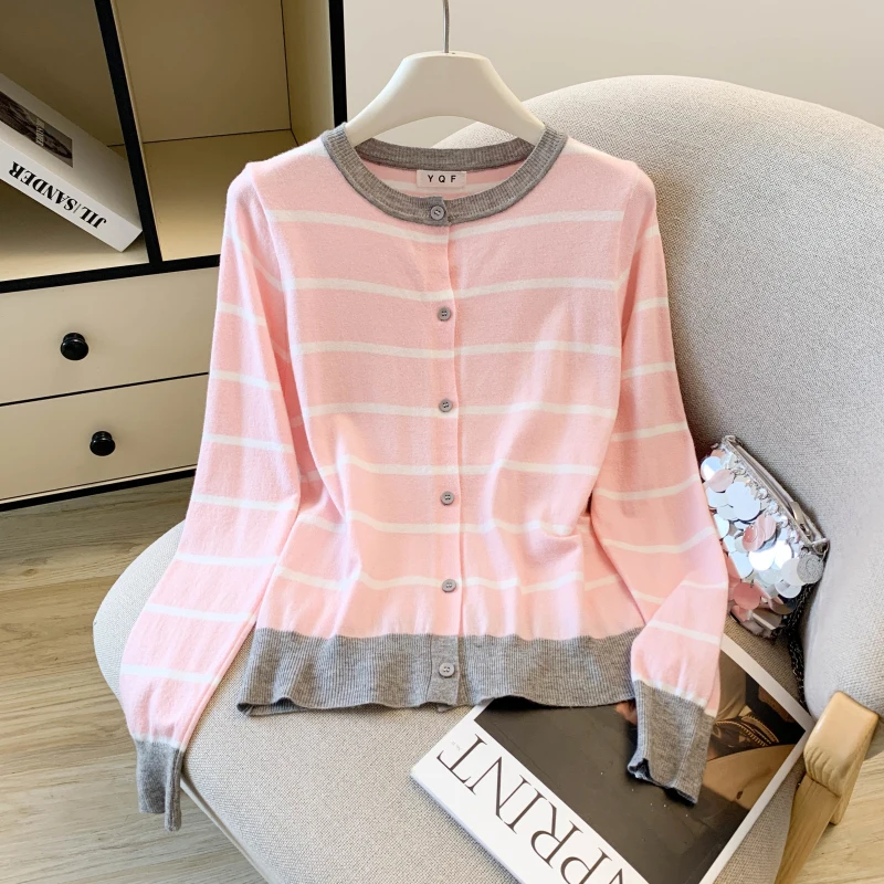 

Korean Striped Cardigan Women Knitted Sweater Contrast Color Design Autumn Winter New