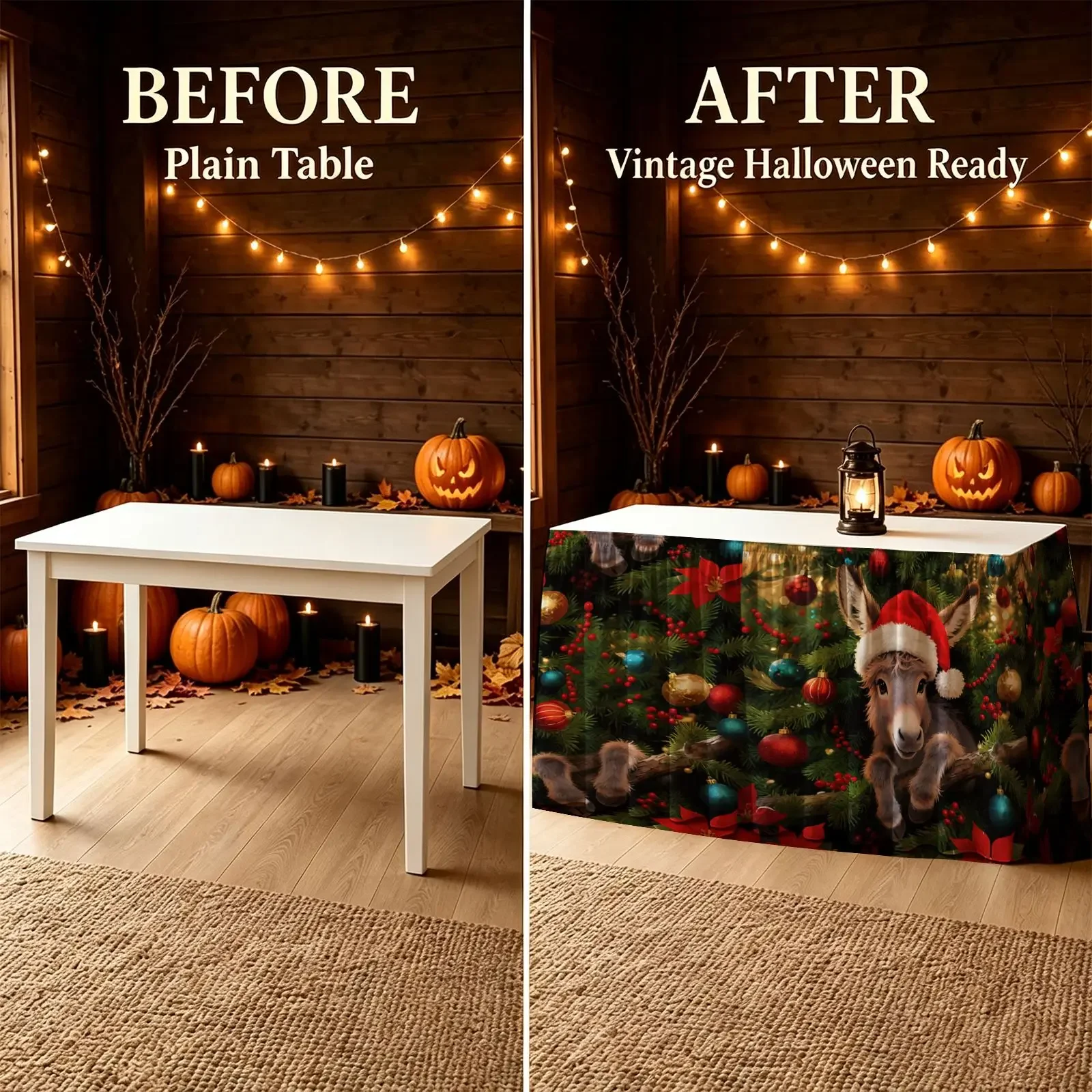 Halloween, Christmas, scary table skirts, a cute donkey wearing a Christmas hat peeks over the Christmas tree branches.
