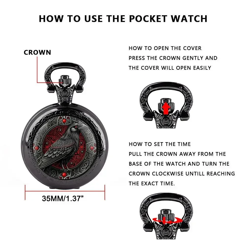 Black Raven Pattern Pocket Watch Retro Flip Decoration Necklace Watch Personalized Trend Male Female Student Quartz Fob Watch