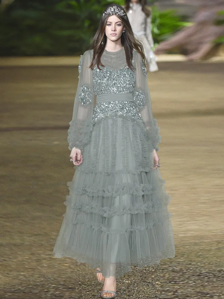 See-through mesh heavy industry three-dimensional sequined waist-cinching puffy large hem long dress