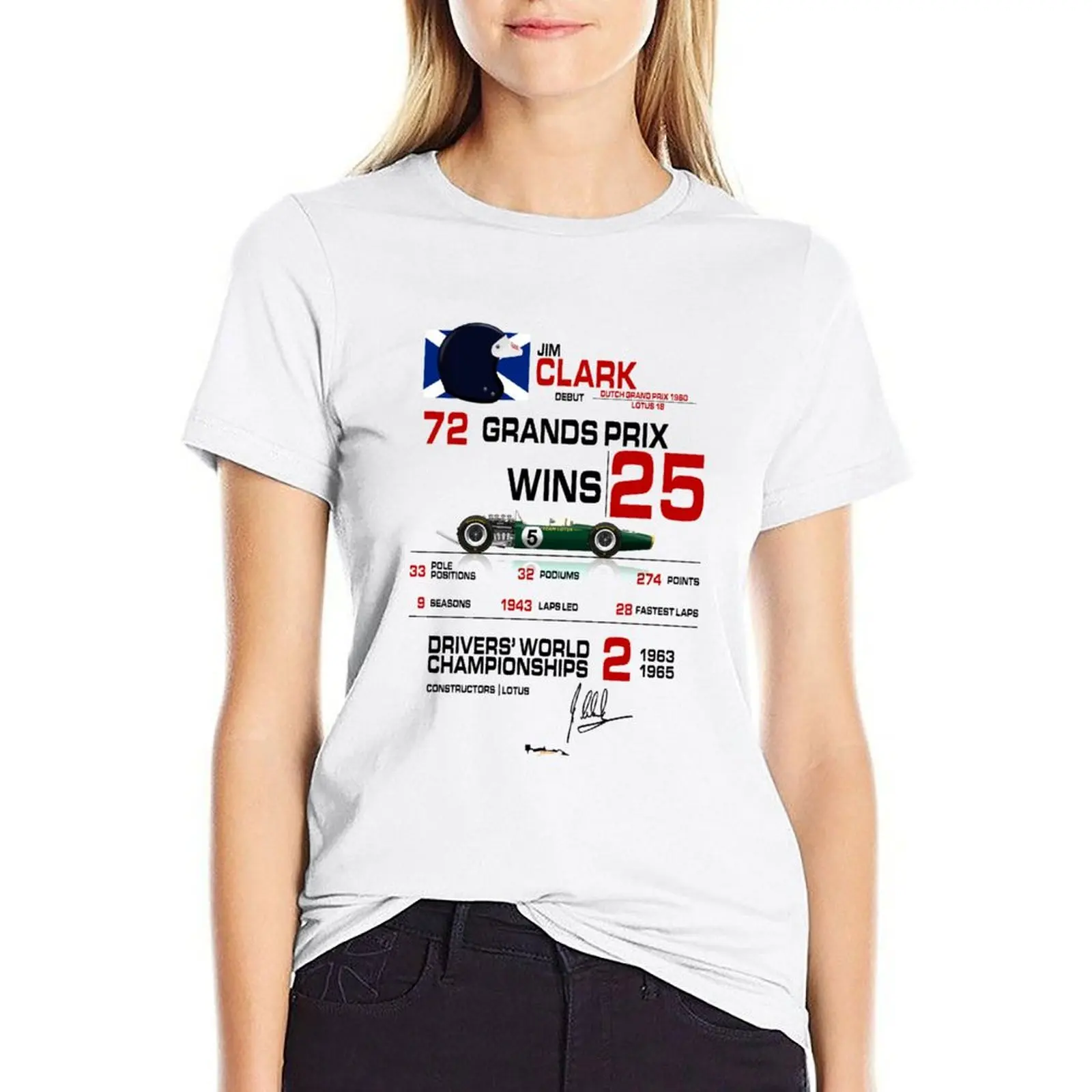 

Jim Clark - F1 Stats with car & helmet design T-shirt cute clothes hippie clothes cute tops workout shirts for Women loose fit