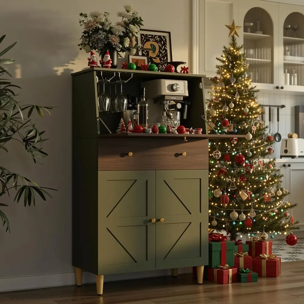 

Retro Green & Walnut Bar Cabinet with Hidden Table, 9-Bottle Rack, Adjustable Shelves for Living Room