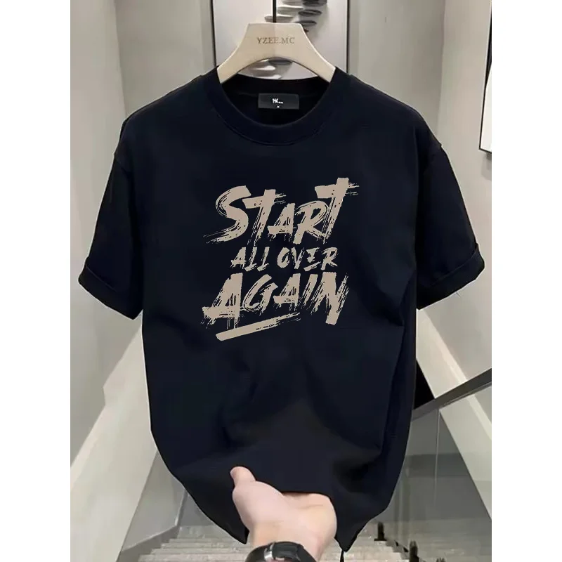 MarsMax Men Casual Start All Over Again Letter Print T-shirt, Short Sleeve Crewneck Streetwear Top, Cotton Blend Comfortable Dai