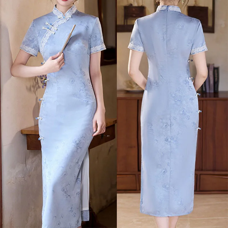 新しい中国風の袍半袖ドレスセクシーな女性ジャカード-vestidos-ヴィンテージマンダリンカラーチャイナドレスプラスサイズ-3xl