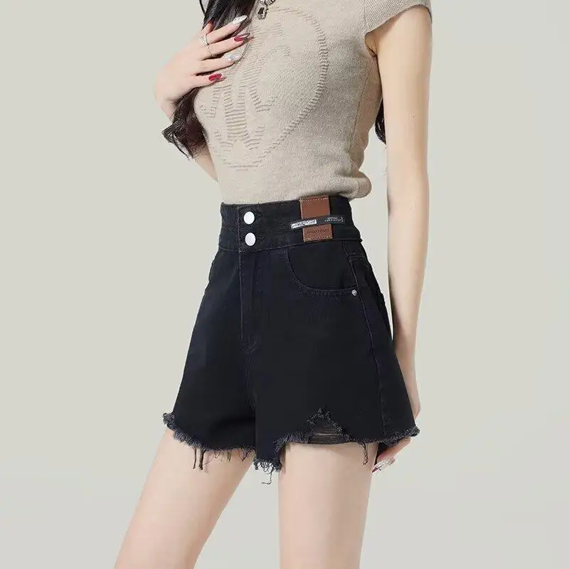 

Black Ripped Denim Shorts Women Summer High Waist Wide Leg A Line Shorts Casual