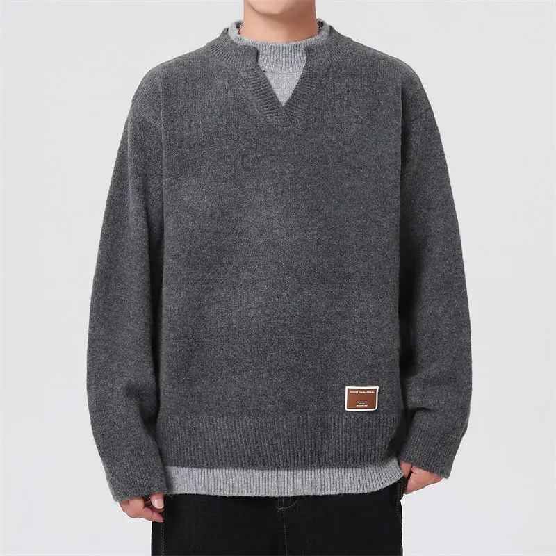 

Мужской свитер из плотного трикотажа в стиле ретро, высококачественный, осенне-зимний, новый, модный, теплый, с V-образным вырезом, имитация двухслойности, для повседневной носки