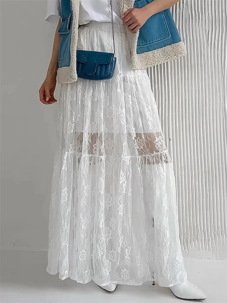 White Printed Lace Maxi Skirt For Women High Waist Fashion See-Through Patchwork Summer 2024 Fashion Ladies Long Skirt New