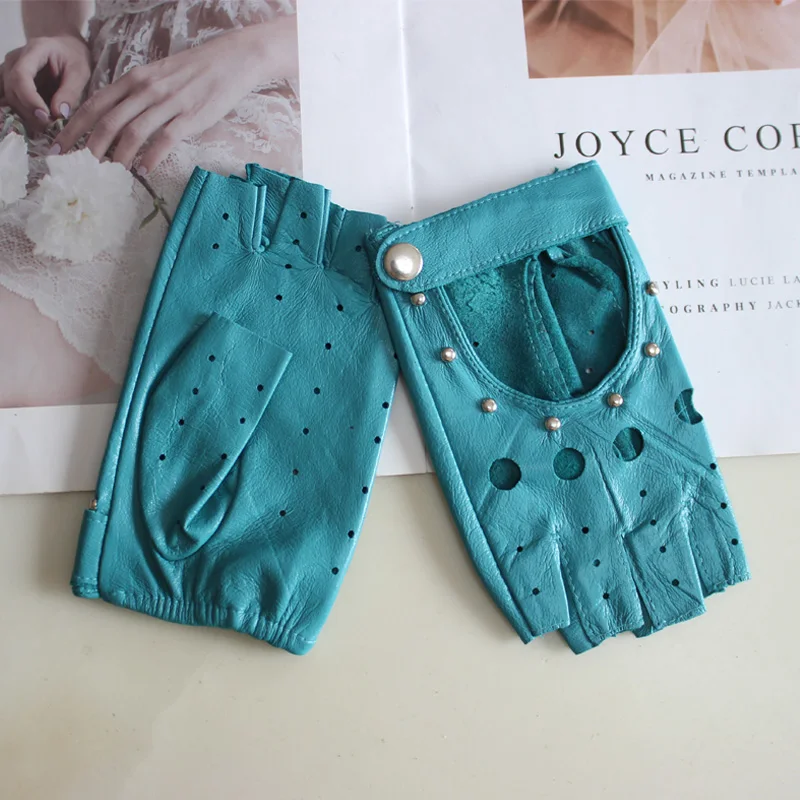 New Women's Sheepskin Half Finger Gloves Thin Style Unlined Rivet Style Colored Genuine Leather Driving Gloves