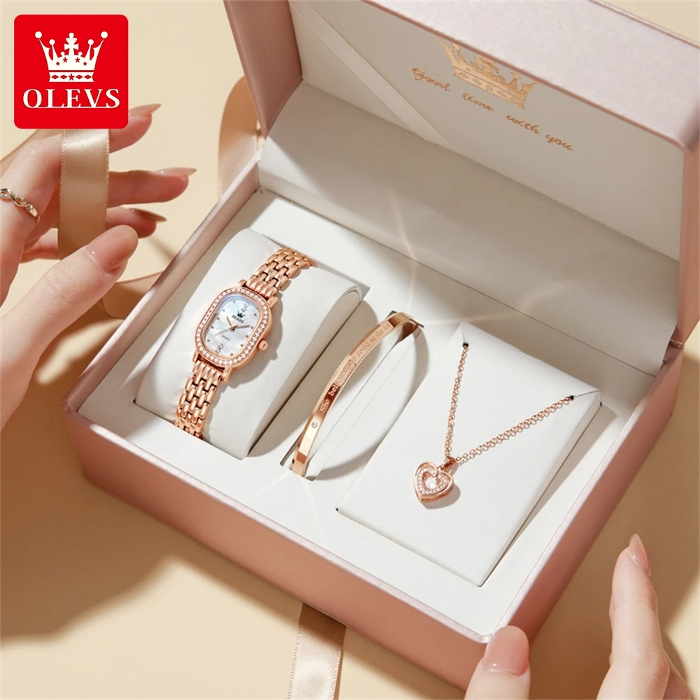OLEVS 5697 Original Quartz Watches for Woman Luxury Diamond Bezel Delicate Steel Leather Strap Waterproof Ladies Wristwatch New