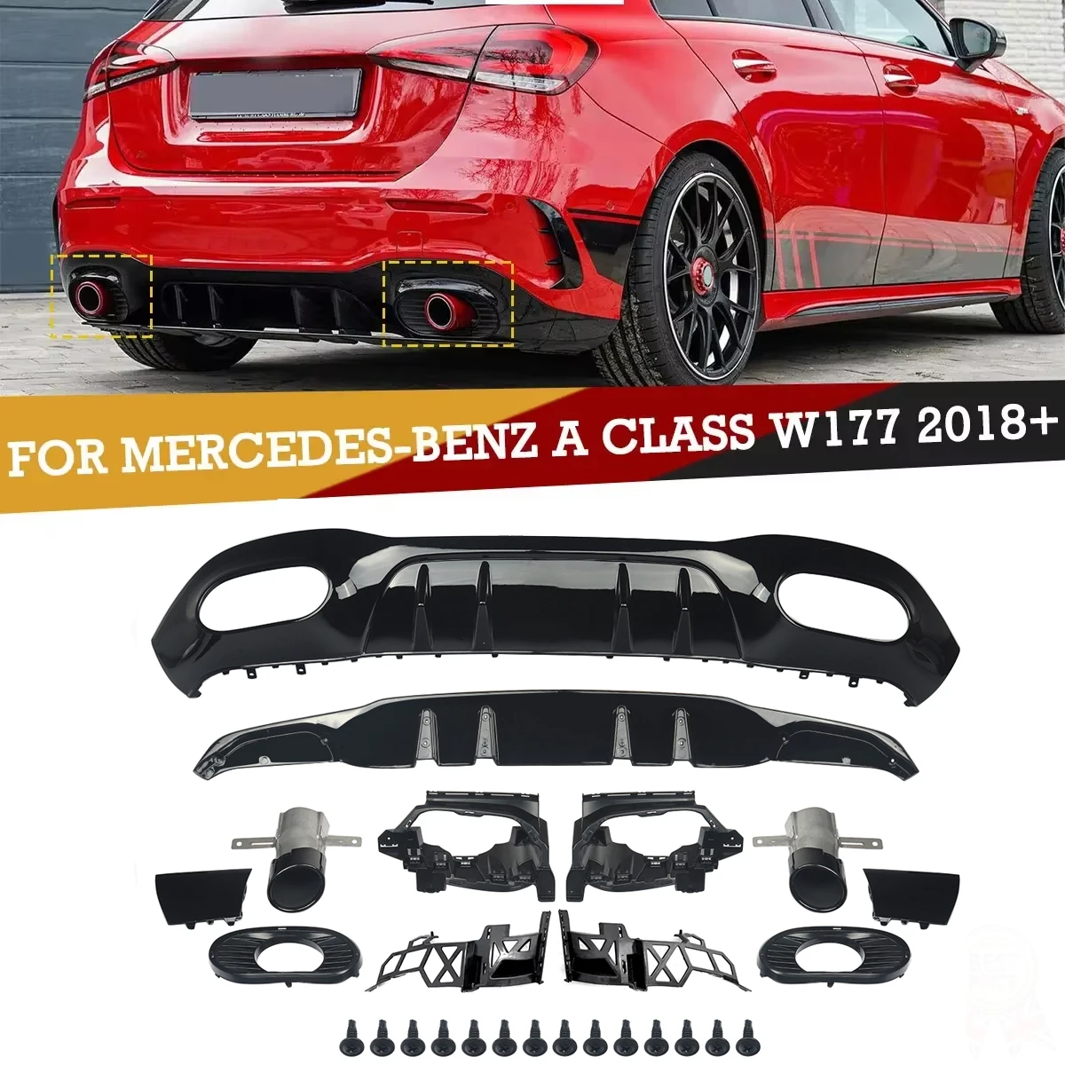 MagicKit do Mercedes A Class W177 AMG A35 Look 2018+ Tylny dyfuzor i rura wydechowa czarna