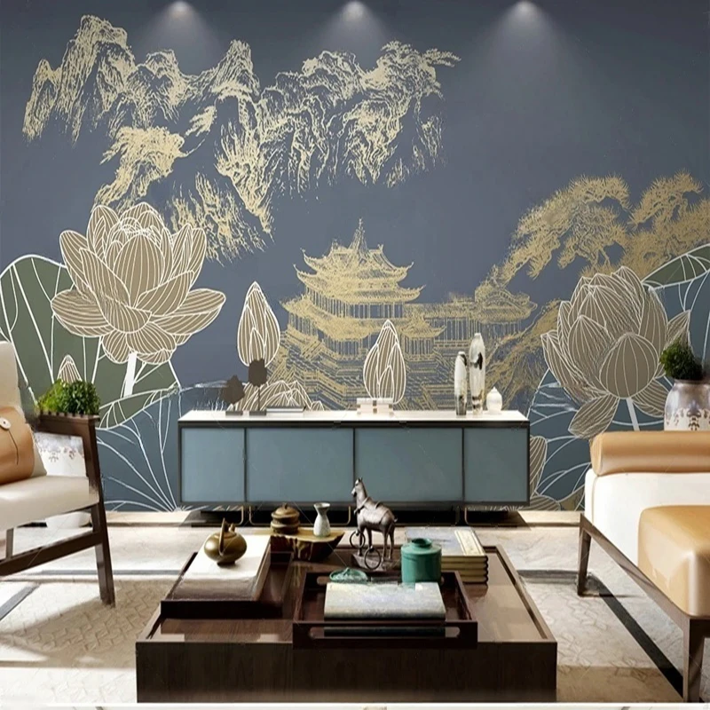 

MU8744 New Chinese-style light luxury meticulous flower-and-bird and lotus architectural TV background wall