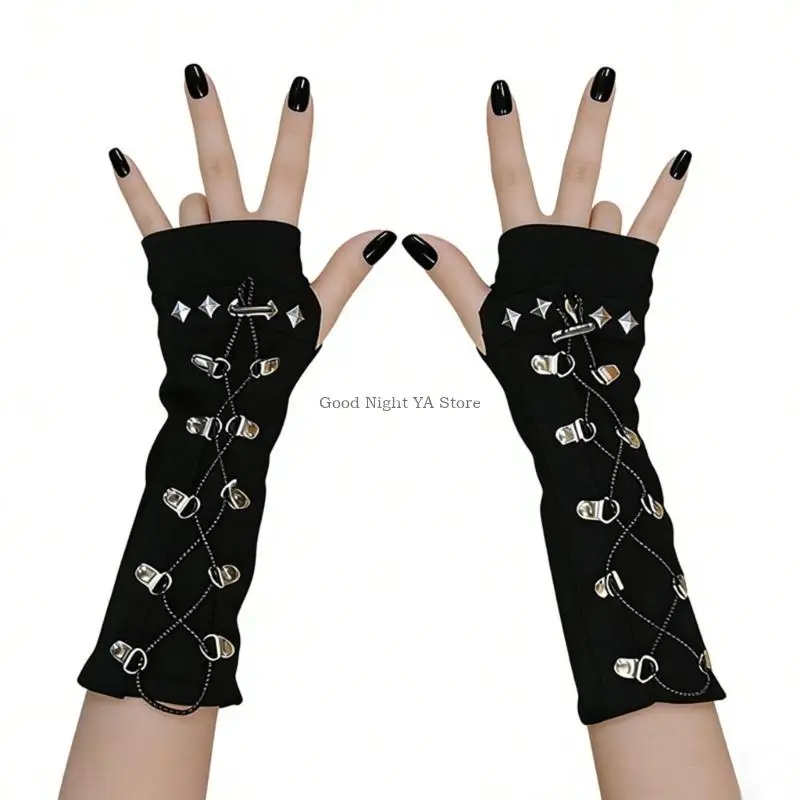  2000S Rivet Studded Half Finger Gloves Cotton Blend Arm Coverage Long Arm Sleeves for HIphop Dancing Event Street Wear