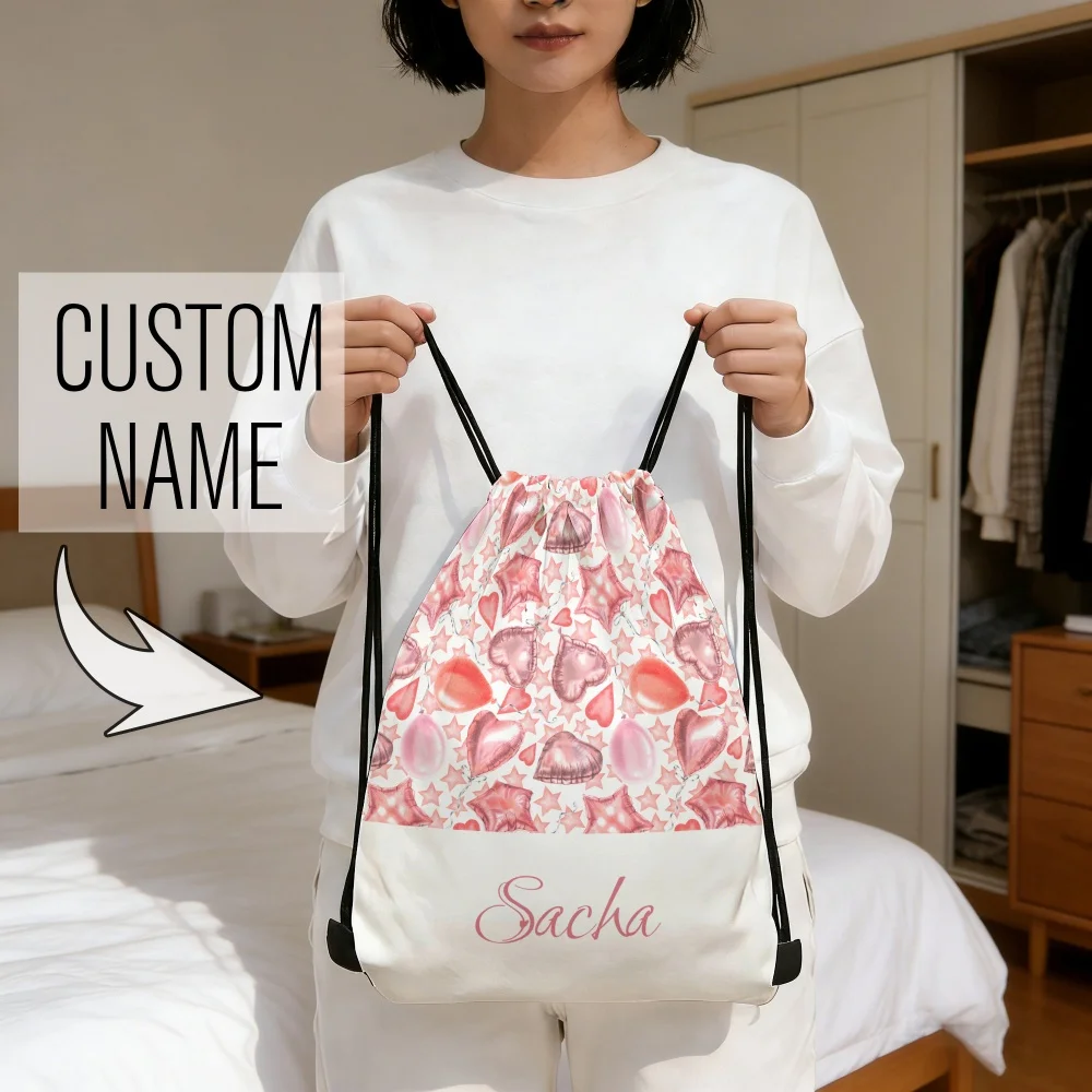 Custom Name Pink Heart Pattern Drawstring Backpack,Personalized String Bag Foldable for Date Night Shopping Anniversary Gift