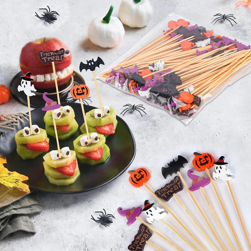100 Stücke Halloween Party Zahnstocher Einweg Bambus Spieße Kürbis Geist Obst Gabel Kuchen Dessert Cocktail Stick Dekorationen