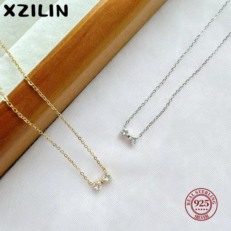 

XZiLin 925 Sterling Silver Korean Simple Bowknot Pendant Clavicle Chain Necklace Women Light Luxury Temperament Party Jewelry