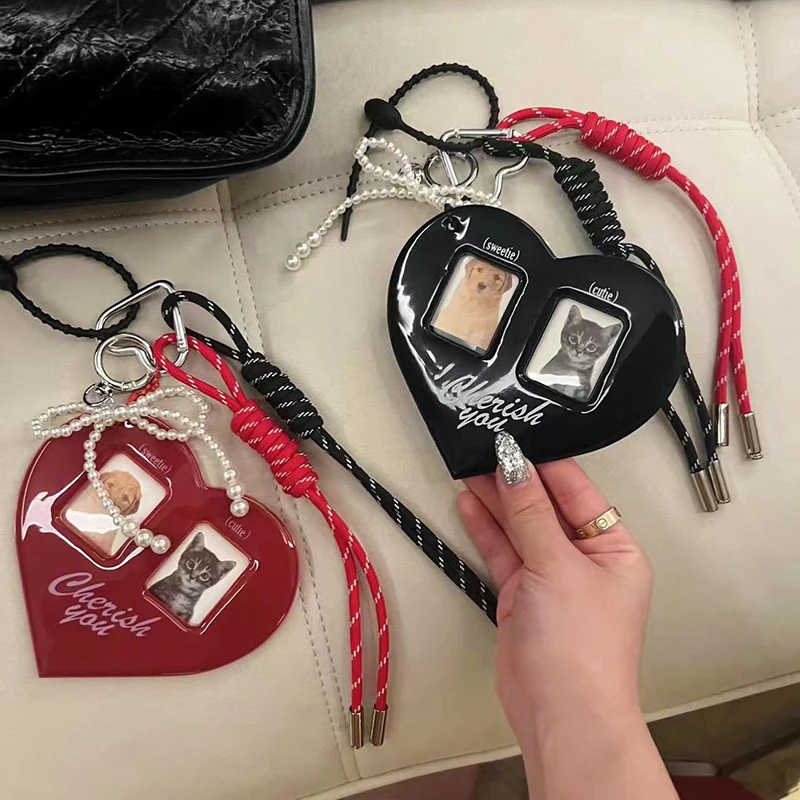 Hot Korean Fashion Red Heart Photo Album Vintage Bag Charms Card ID Photo Keychains PVC Card Set Bags Pendant Keychain