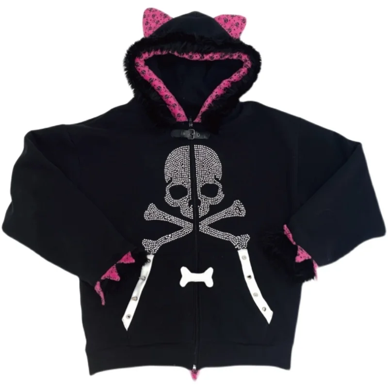 Subculture Skull Hot Diamond Sweet Cool Original Dark Punk Loose Fleece Sweatshirts Women's Thick Jacket Cat Ear Tail Coat