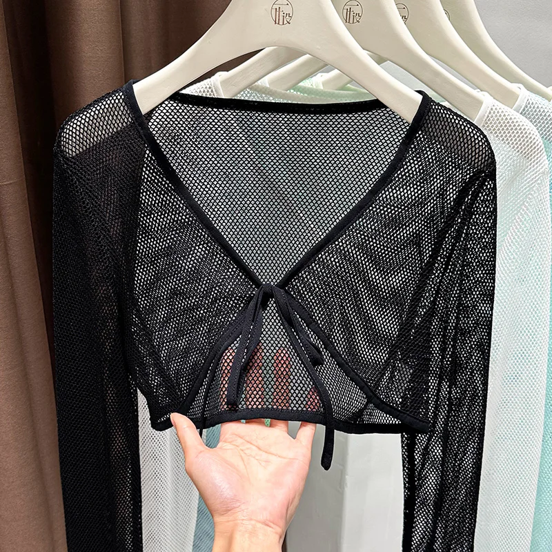 

Blue half-cut mesh knitted cardigan for women summer thin strap beach shawl outer wear suspender skirt holiday style blouse