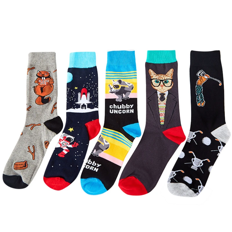 Fashion Combed Cotton Men Socks Casual Harajuku Cartoon UFO Cat Frog Flamingo Hip Hop Skateboard Crew Socks