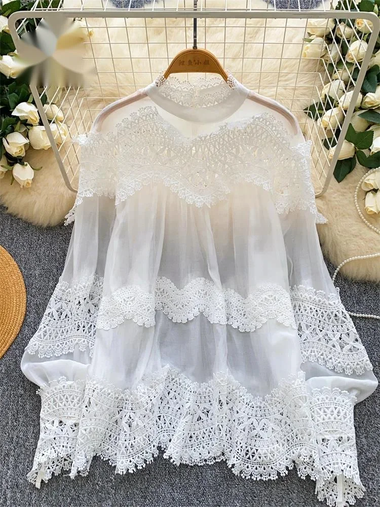 

High Quality Embroidery Spliced Blouse Autumn Long Sleeves Pearl Button Loose Top Korean Basic Lace Casual Long Shirt