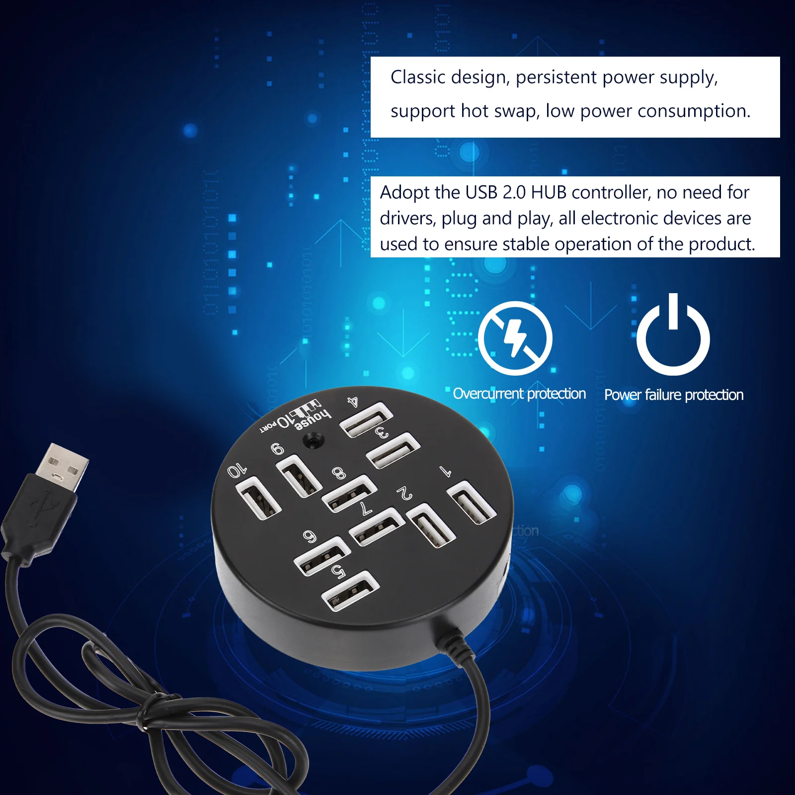 

10 Port USB Hub USB 2.0 High Speed Splitter Plug and Play Multiport Adapter for Laptop Desktop U Disk Card Reader Mouse Keyboard