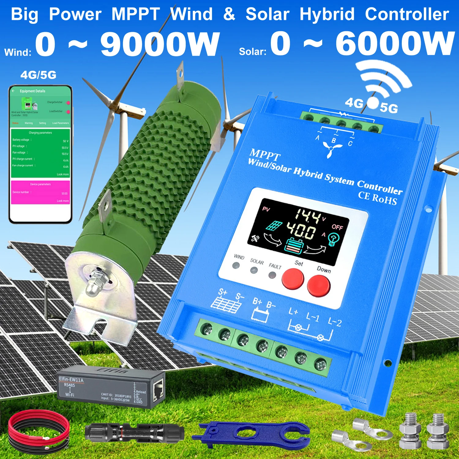 6000W MPPT Wind Solar Hybrid Charge Controller 12 24 48V 30A 60A LCD Display Wifi Monitor For Lifepo4 Lithium Lead Acid Battery