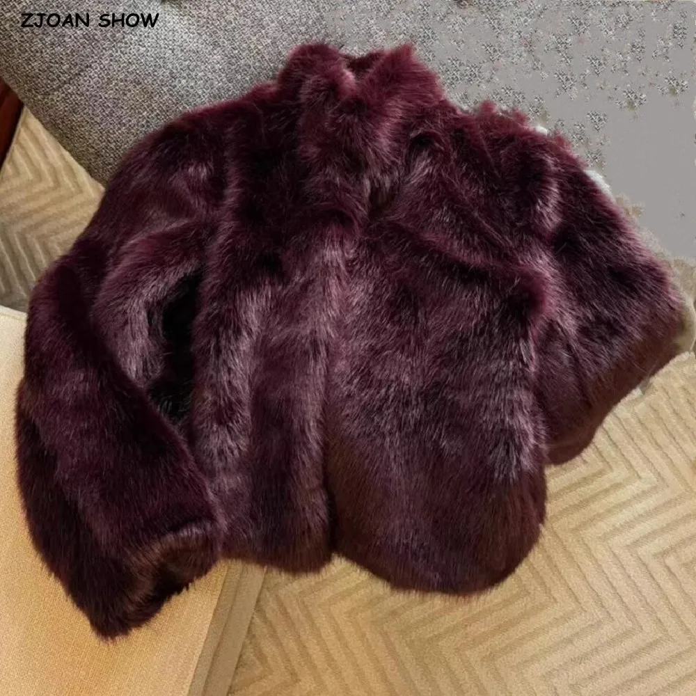 Winter Claret Purple Soft Hairy Shaggy Faux Fur Coat Women Stand Collar Full Sleeve Furry Warm Jacket Party Short Outerwear